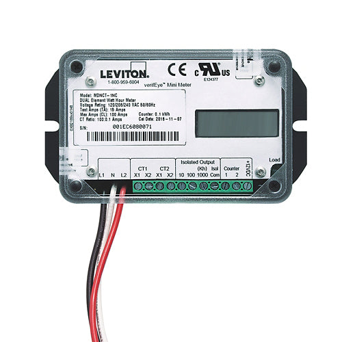 Leviton MDTCT-2NC, VerifEye Mini Meter Kit, Dual Element Mini Meter, LCD Module (No Enclosure), 200A, 120/240V 1 Phase 3 Wire, 120/208V 2 Phase 3 Wire, 1kWh, Current Transformers Not Included