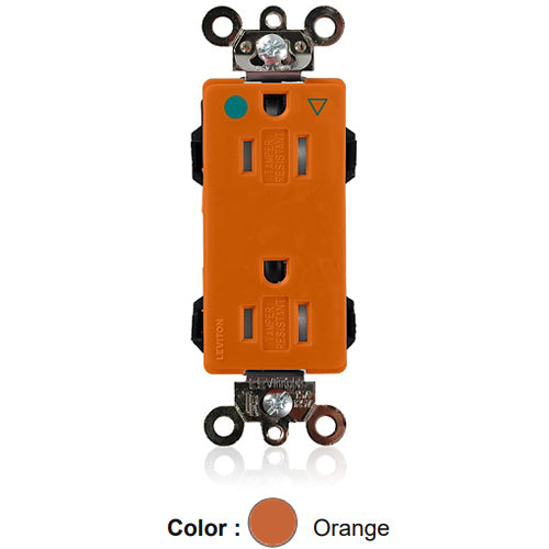 Leviton MDT82-IG, Lev-Lok Decora Plus Straight Blade Duplex Receptacle, Heavy-Duty Hospital Grade, Tamper-Resistant, Isolated Ground, Smooth Face, 15A 125V, NEMA 5-15R, 2-Pole, 3-Wire, Modular Terminals, Orange