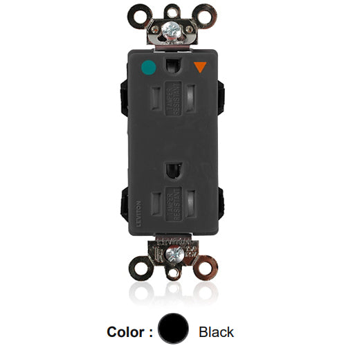 Leviton MDT82-IGE, Lev-Lok Decora Plus Straight Blade Duplex Receptacle, Heavy-Duty Hospital Grade, Tamper-Resistant, Isolated Ground, Smooth Face, 15A 125V, NEMA 5-15R, 2-Pole, 3-Wire, Modular Terminals, Black
