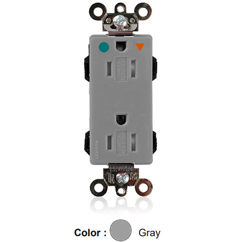 Leviton MDT82-IGG, Lev-Lok Decora Plus Straight Blade Duplex Receptacle, Heavy-Duty Hospital Grade, Tamper-Resistant, Isolated Ground, Smooth Face, 15A 125V, NEMA 5-15R, 2-Pole, 3-Wire, Modular Terminals, Gray