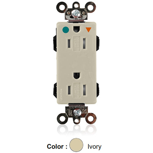 Leviton MDT82-IGI, Lev-Lok Decora Plus Straight Blade Duplex Receptacle, Heavy-Duty Hospital Grade, Tamper-Resistant, Isolated Ground, Smooth Face, 15A 125V, NEMA 5-15R, 2-Pole, 3-Wire, Modular Terminals, Ivory