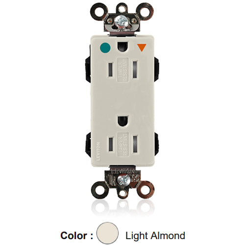 Leviton MDT82-IGT, Lev-Lok Decora Plus Straight Blade Duplex Receptacle, Heavy-Duty Hospital Grade, Tamper-Resistant, Isolated Ground, Smooth Face, 15A 125V, NEMA 5-15R, 2-Pole, 3-Wire, Modular Terminals, Light Almond