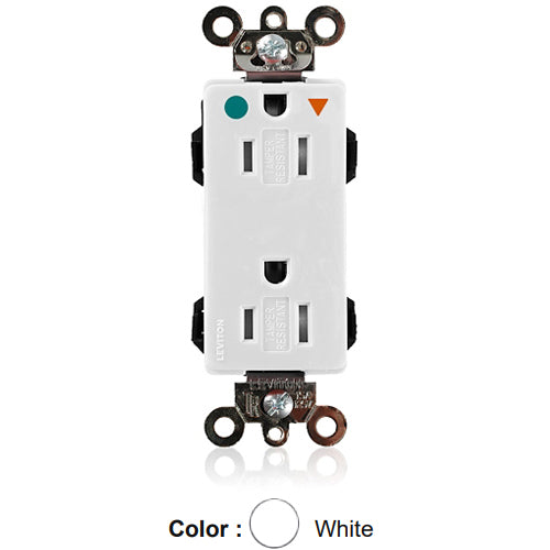 Leviton MDT82-IGW, Lev-Lok Decora Plus Straight Blade Duplex Receptacle, Heavy-Duty Hospital Grade, Tamper-Resistant, Isolated Ground, Smooth Face, 15A 125V, NEMA 5-15R, 2-Pole, 3-Wire, Modular Terminals, White
