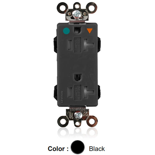 Leviton MDT83-IGE, Lev-Lok Decora Plus Straight Blade Duplex Receptacle, Heavy-Duty Hospital Grade, Tamper-Resistant, Isolated Ground, Smooth Face, 20A 125V, NEMA 5-20R, 2-Pole, 3-Wire, Modular Terminals, Black