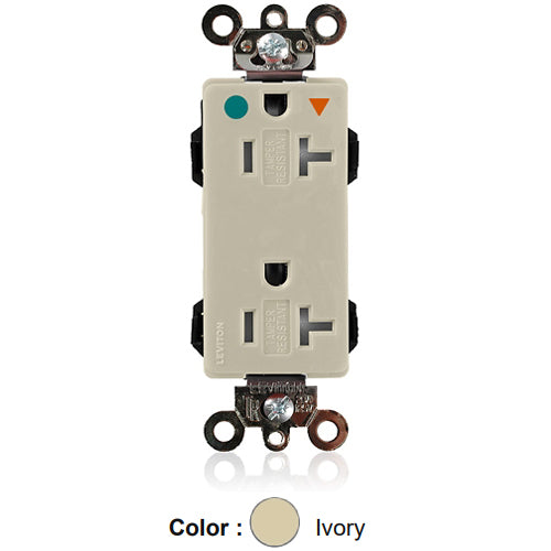 Leviton MDT83-IGI, Lev-Lok Decora Plus Straight Blade Duplex Receptacle, Heavy-Duty Hospital Grade, Tamper-Resistant, Isolated Ground, Smooth Face, 20A 125V, NEMA 5-20R, 2-Pole, 3-Wire, Modular Terminals, Ivory