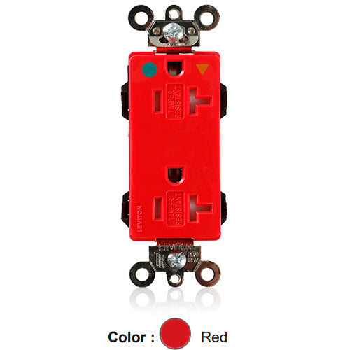 Leviton MDT83-IGR, Lev-Lok Decora Plus Straight Blade Duplex Receptacle, Heavy-Duty Hospital Grade, Tamper-Resistant, Isolated Ground, Smooth Face, 20A 125V, NEMA 5-20R, 2-Pole, 3-Wire, Modular Terminals, Red