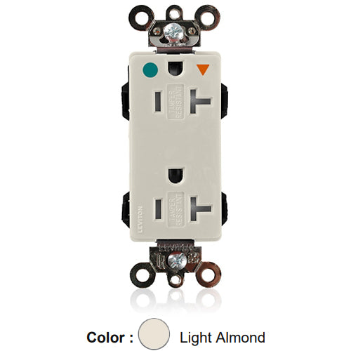 Leviton MDT83-IGT, Lev-Lok Decora Plus Straight Blade Duplex Receptacle, Heavy-Duty Hospital Grade, Tamper-Resistant, Isolated Ground, Smooth Face, 20A 125V, NEMA 5-20R, 2-Pole, 3-Wire, Modular Terminals, Light Almond