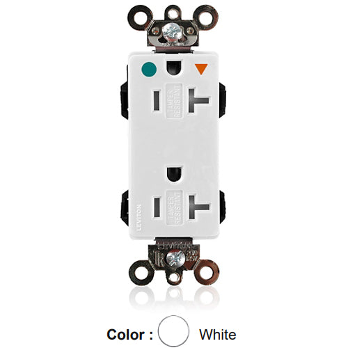 Leviton MDT83-IGW, Lev-Lok Decora Plus Straight Blade Duplex Receptacle, Heavy-Duty Hospital Grade, Tamper-Resistant, Isolated Ground, Smooth Face, 20A 125V, NEMA 5-20R, 2-Pole, 3-Wire, Modular Terminals, White