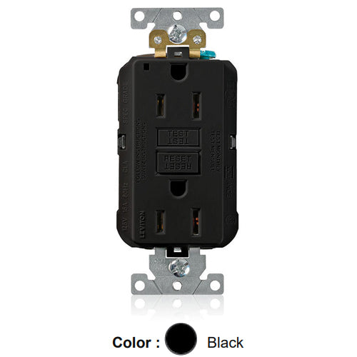 Leviton MGFN1-E, Lev-Lok SmartlockPro Self-Test GFCI Duplex Receptacle, Power Indication, Extra Heavy-Duty Industrial Specification Grade, 15A 125V, NEMA 5-15R, 2-Pole, 3-Wire, Self-Grounding, Black