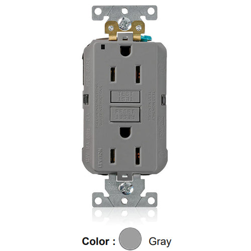 Leviton MGFN1-GY, Lev-Lok SmartlockPro Self-Test GFCI Duplex Receptacle, Power Indication, Extra Heavy-Duty Industrial Specification Grade, 15A 125V, NEMA 5-15R, 2-Pole, 3-Wire, Self-Grounding, Gray