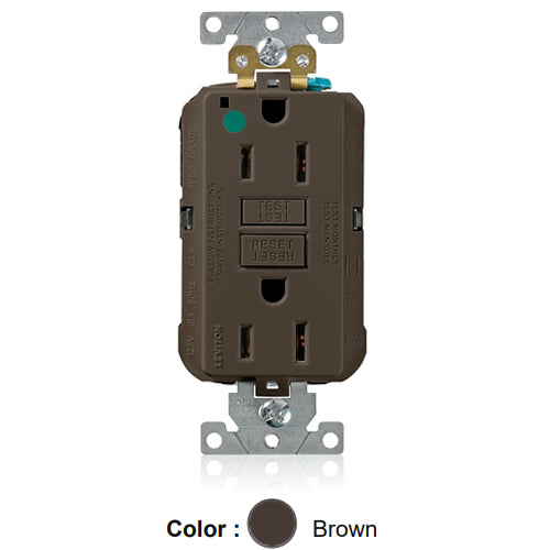 Leviton MGFN1-HG, Lev-Lok SmartlockPro Self-Test GFCI Duplex Receptacle, Power Indication, Extra Heavy-Duty Hospital Grade, 15A 125V, NEMA 5-15R, 2-Pole, 3-Wire, Self-Grounding, Brown