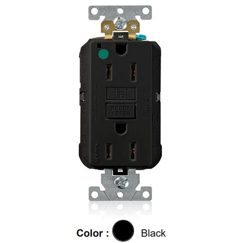 Leviton MGFN1-HGE, Lev-Lok SmartlockPro Self-Test GFCI Duplex Receptacle, Power Indication, Extra Heavy-Duty Hospital Grade, 15A 125V, NEMA 5-15R, 2-Pole, 3-Wire, Self-Grounding, Black