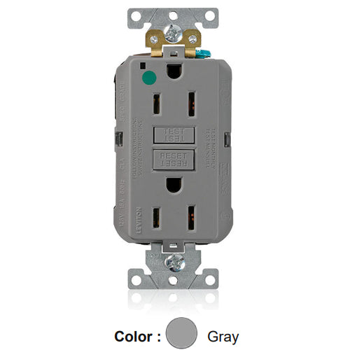 Leviton MGFN1-HGG, Lev-Lok SmartlockPro Self-Test GFCI Duplex Receptacle, Power Indication, Extra Heavy-Duty Hospital Grade, 15A 125V, NEMA 5-15R, 2-Pole, 3-Wire, Self-Grounding, Gray