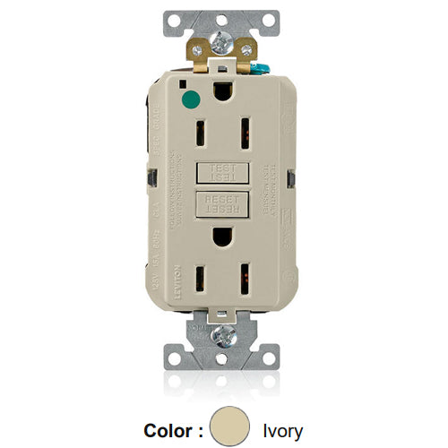 Leviton MGFN1-HGI, Lev-Lok SmartlockPro Self-Test GFCI Duplex Receptacle, Power Indication, Extra Heavy-Duty Hospital Grade, 15A 125V, NEMA 5-15R, 2-Pole, 3-Wire, Self-Grounding, Ivory