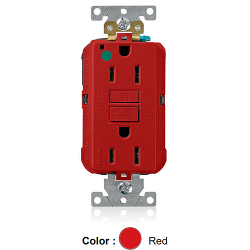 Leviton MGFN1-HGR, Lev-Lok SmartlockPro Self-Test GFCI Duplex Receptacle, Power Indication, Extra Heavy-Duty Hospital Grade, 15A 125V, NEMA 5-15R, 2-Pole, 3-Wire, Self-Grounding, Red