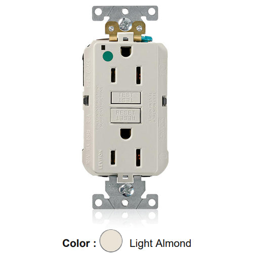 Leviton MGFN1-HGT, Lev-Lok SmartlockPro Self-Test GFCI Duplex Receptacle, Power Indication, Extra Heavy-Duty Hospital Grade, 15A 125V, NEMA 5-15R, 2-Pole, 3-Wire, Self-Grounding, Light Almond