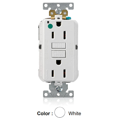 Leviton MGFN1-HGW, Lev-Lok SmartlockPro Self-Test GFCI Duplex Receptacle, Power Indication, Extra Heavy-Duty Hospital Grade, 15A 125V, NEMA 5-15R, 2-Pole, 3-Wire, Self-Grounding, White