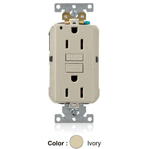 Leviton MGFN1-I, Lev-Lok SmartlockPro Self-Test GFCI Duplex Receptacle, Power Indication, Extra Heavy-Duty Industrial Specification Grade, 15A 125V, NEMA 5-15R, 2-Pole, 3-Wire, Self-Grounding, Ivory
