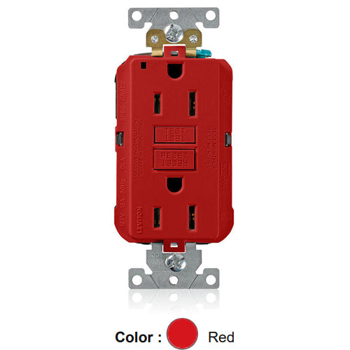 Leviton MGFN1-R, Lev-Lok SmartlockPro Self-Test GFCI Duplex Receptacle, Power Indication, Extra Heavy-Duty Industrial Specification Grade, 15A 125V, NEMA 5-15R, 2-Pole, 3-Wire, Self-Grounding, Red