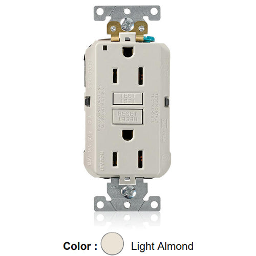 Leviton MGFN1-T, Lev-Lok SmartlockPro Self-Test GFCI Duplex Receptacle, Power Indication, Extra Heavy-Duty Industrial Specification Grade, 15A 125V, NEMA 5-15R, 2-Pole, 3-Wire, Self-Grounding, Light Almond