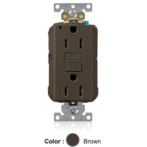 Leviton MGFN1, Lev-Lok SmartlockPro Self-Test GFCI Duplex Receptacle, Power Indication, Extra Heavy-Duty Industrial Specification Grade, 15A 125V, NEMA 5-15R, 2-Pole, 3-Wire, Self-Grounding, Brown