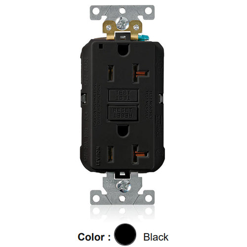 Leviton MGFN2-E, Lev-Lok SmartlockPro Self-Test GFCI Duplex Receptacle, Power Indication, Extra Heavy-Duty Industrial Specification Grade, 20A 125V, NEMA 5-20R, 2-Pole, 3-Wire, Self-Grounding, Black