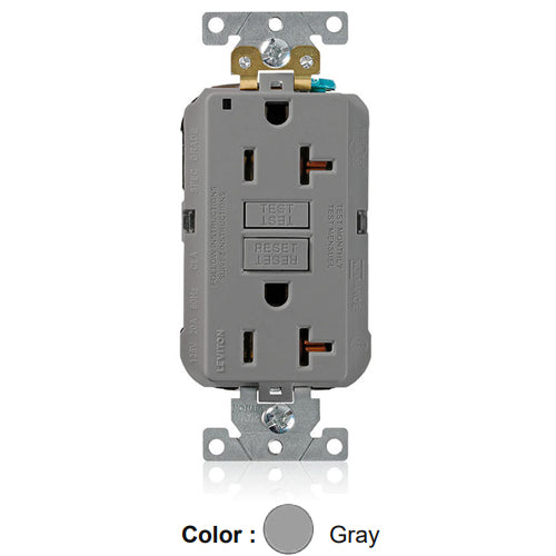 Leviton MGFN2-GY, Lev-Lok SmartlockPro Self-Test GFCI Duplex Receptacle, Power Indication, Extra Heavy-Duty Industrial Specification Grade, 20A 125V, NEMA 5-20R, 2-Pole, 3-Wire, Self-Grounding, Gray