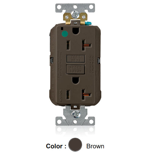 Leviton MGFN2-HG, Lev-Lok SmartlockPro Self-Test GFCI Duplex Receptacle, Power Indication, Extra Heavy-Duty Hospital Grade, 20A 125V, NEMA 5-20R, 2-Pole, 3-Wire, Self-Grounding, Brown