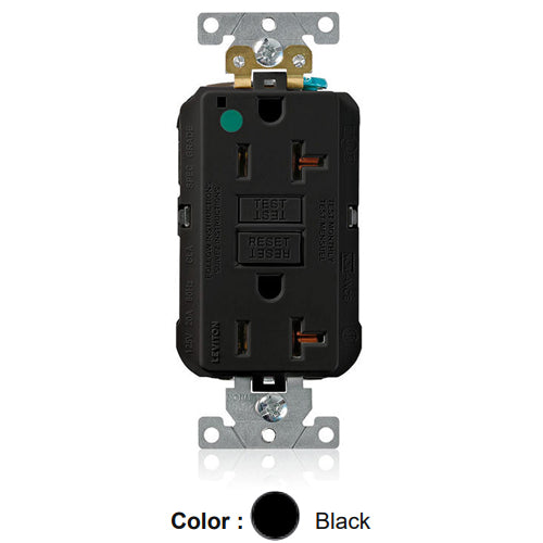 Leviton MGFN2-HGE, Lev-Lok SmartlockPro Self-Test GFCI Duplex Receptacle, Power Indication, Extra Heavy-Duty Hospital Grade, 20A 125V, NEMA 5-20R, 2-Pole, 3-Wire, Self-Grounding, Black