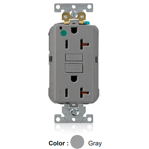 Leviton MGFN2-HGG, Lev-Lok SmartlockPro Self-Test GFCI Duplex Receptacle, Power Indication, Extra Heavy-Duty Hospital Grade, 20A 125V, NEMA 5-20R, 2-Pole, 3-Wire, Self-Grounding, Gray