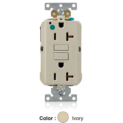 Leviton MGFN2-HGI, Lev-Lok SmartlockPro Self-Test GFCI Duplex Receptacle, Power Indication, Extra Heavy-Duty Hospital Grade, 20A 125V, NEMA 5-20R, 2-Pole, 3-Wire, Self-Grounding, Ivory