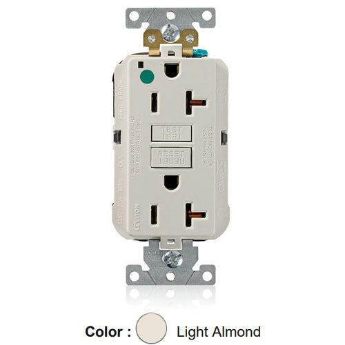 Leviton MGFN2-HGT, Lev-Lok SmartlockPro Self-Test GFCI Duplex Receptacle, Power Indication, Extra Heavy-Duty Hospital Grade, 20A 125V, NEMA 5-20R, 2-Pole, 3-Wire, Self-Grounding, Light Almond