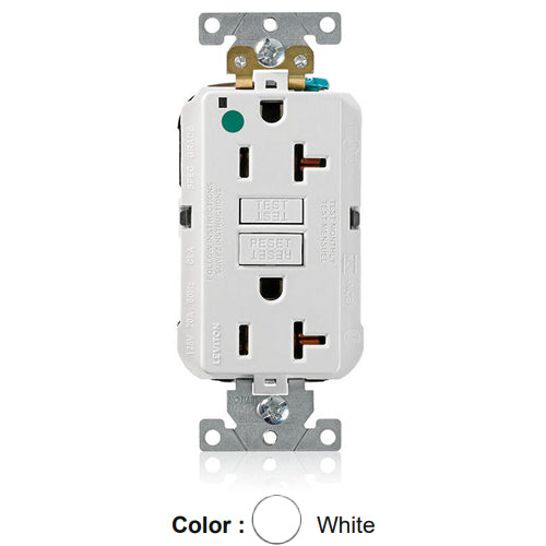 Leviton MGFN2-HGW, Lev-Lok SmartlockPro Self-Test GFCI Duplex Receptacle, Power Indication, Extra Heavy-Duty Hospital Grade, 20A 125V, NEMA 5-20R, 2-Pole, 3-Wire, Self-Grounding, White
