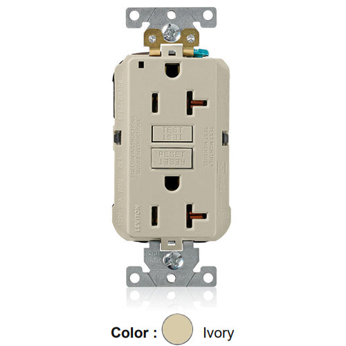 Leviton MGFN2-I, Lev-Lok SmartlockPro Self-Test GFCI Duplex Receptacle, Power Indication, Extra Heavy-Duty Industrial Specification Grade, 20A 125V, NEMA 5-20R, 2-Pole, 3-Wire, Self-Grounding, Ivory