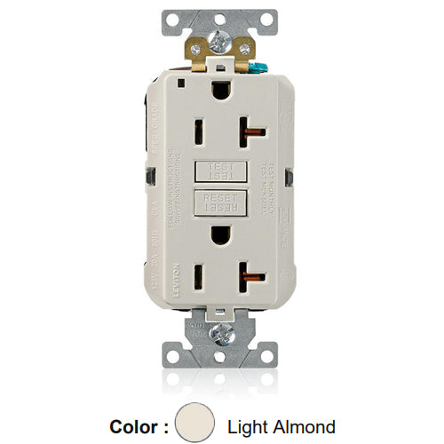 Leviton MGFN2-T, Lev-Lok SmartlockPro Self-Test GFCI Duplex Receptacle, Power Indication, Extra Heavy-Duty Industrial Specification Grade, 20A 125V, NEMA 5-20R, 2-Pole, 3-Wire, Self-Grounding, Light Almond