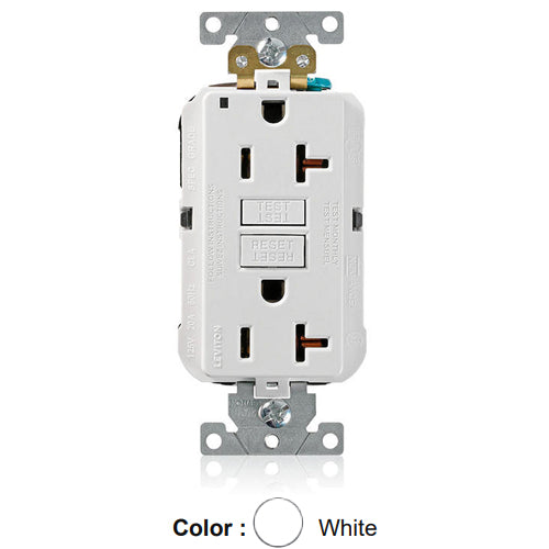 Leviton MGFN2-W, Lev-Lok SmartlockPro Self-Test GFCI Duplex Receptacle, Power Indication, Extra Heavy-Duty Industrial Specification Grade, 20A 125V, NEMA 5-20R, 2-Pole, 3-Wire, Self-Grounding, White