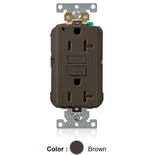 Leviton MGFN2, Lev-Lok SmartlockPro Self-Test GFCI Duplex Receptacle, Power Indication, Extra Heavy-Duty Industrial Specification Grade, 20A 125V, NEMA 5-20R, 2-Pole, 3-Wire, Self-Grounding, Brown