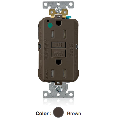Leviton MGFT1-HG, Lev-Lok SmartlockPro Self-Test GFCI Duplex Receptacle, Tamper-Resistant, Power Indication, Extra Heavy-Duty Hospital Grade, 15A 125V, NEMA 5-15R, 2-Pole, 3-Wire, Self-Grounding, Brown