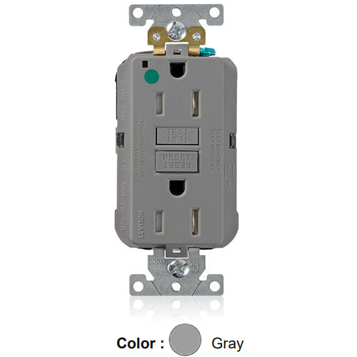 Leviton MGFT1-HGG, Lev-Lok SmartlockPro Self-Test GFCI Duplex Receptacle, Tamper-Resistant, Power Indication, Extra Heavy-Duty Hospital Grade, 15A 125V, NEMA 5-15R, 2-Pole, 3-Wire, Self-Grounding, Gray