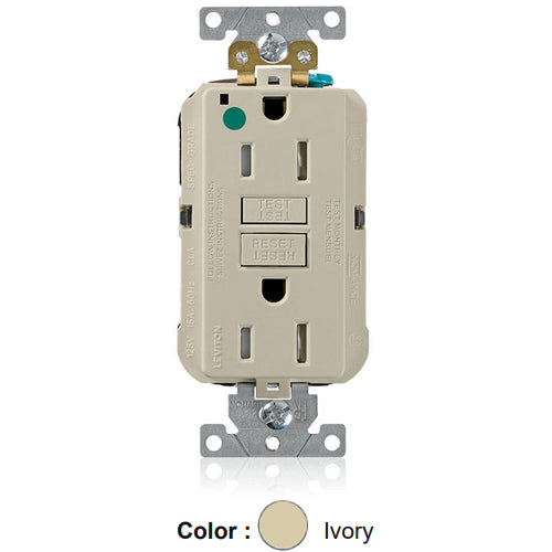 Leviton MGFT1-HGI, Lev-Lok SmartlockPro Self-Test GFCI Duplex Receptacle, Tamper-Resistant, Power Indication, Extra Heavy-Duty Hospital Grade, 15A 125V, NEMA 5-15R, 2-Pole, 3-Wire, Self-Grounding, Ivory