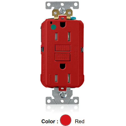 Leviton MGFT1-HGR, Lev-Lok SmartlockPro Self-Test GFCI Duplex Receptacle, Tamper-Resistant, Power Indication, Extra Heavy-Duty Hospital Grade, 15A 125V, NEMA 5-15R, 2-Pole, 3-Wire, Self-Grounding, Red