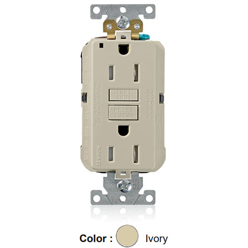 Leviton MGFT1-I, Lev-Lok SmartlockPro Self-Test GFCI Duplex Receptacle, Power Indication, Extra Heavy-Duty Industrial Specification Grade, Tamper-Resistant, 15A 125V, NEMA 5-15R, 2-Pole, 3-Wire, Self-Grounding, Ivory