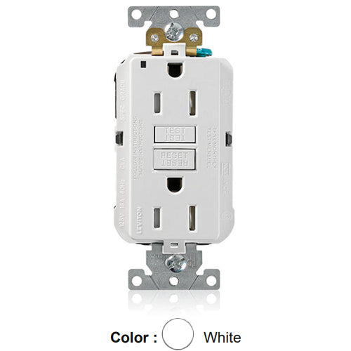 Leviton MGFT1-W, Lev-Lok SmartlockPro Self-Test GFCI Duplex Receptacle, Power Indication, Extra Heavy-Duty Industrial Specification Grade, Tamper-Resistant, 15A 125V, NEMA 5-15R, 2-Pole, 3-Wire, Self-Grounding, White