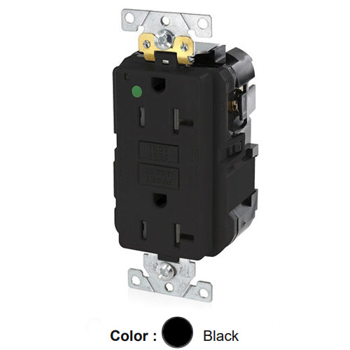 Leviton MGFT2-HGE, Lev-Lok SmartlockPro Self-Test GFCI Duplex Receptacle, Tamper-Resistant, Power Indication, Extra Heavy-Duty Hospital Grade, 20A 125V, NEMA 5-20R, 2-Pole, 3-Wire, Self-Grounding, Black