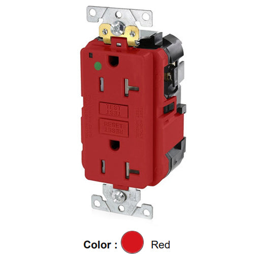 Leviton MGFT2-HGR, Lev-Lok SmartlockPro Self-Test GFCI Duplex Receptacle, Tamper-Resistant, Power Indication, Extra Heavy-Duty Hospital Grade, 20A 125V, NEMA 5-20R, 2-Pole, 3-Wire, Self-Grounding, Red