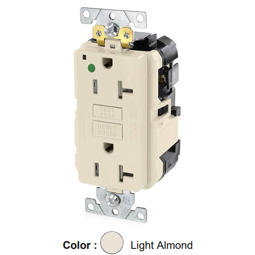 Leviton MGFT2-HGT, Lev-Lok SmartlockPro Self-Test GFCI Duplex Receptacle, Tamper-Resistant, Power Indication, Extra Heavy-Duty Hospital Grade, 20A 125V, NEMA 5-20R, 2-Pole, 3-Wire, Self-Grounding, Light Almond