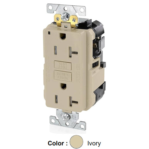 Leviton MGFT2-I, Lev-Lok SmartlockPro Self-Test GFCI Duplex Receptacle, Power Indication, Extra Heavy-Duty Industrial Specification Grade, Tamper-Resistant, 20A 125V, NEMA 5-20R, 2-Pole, 3-Wire, Self-Grounding, Ivory