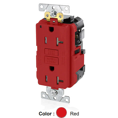 Leviton MGFT2-R, Lev-Lok SmartlockPro Self-Test GFCI Duplex Receptacle, Power Indication, Extra Heavy-Duty Industrial Specification Grade, Tamper-Resistant, 20A 125V, NEMA 5-20R, 2-Pole, 3-Wire, Self-Grounding, Red