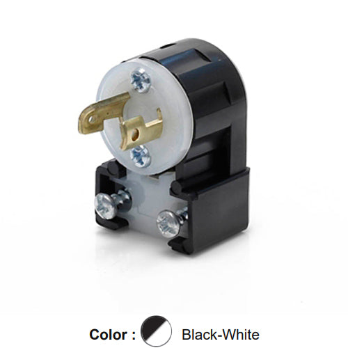 Leviton ML1-AP, Midget Locking Angle Plug, Industrial Grade, 15 Amp, 125 Volt, NEMA ML1P, 2-Pole, 2-Wire, Non-Grounding, Black/White