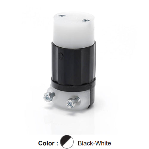 Leviton ML1-C, Midget Locking Connector, Industrial Grade, 15 Amp, 125 Volt, NEMA ML1R, 2-Pole, 2-Wire, Non-Grounding, Black/White